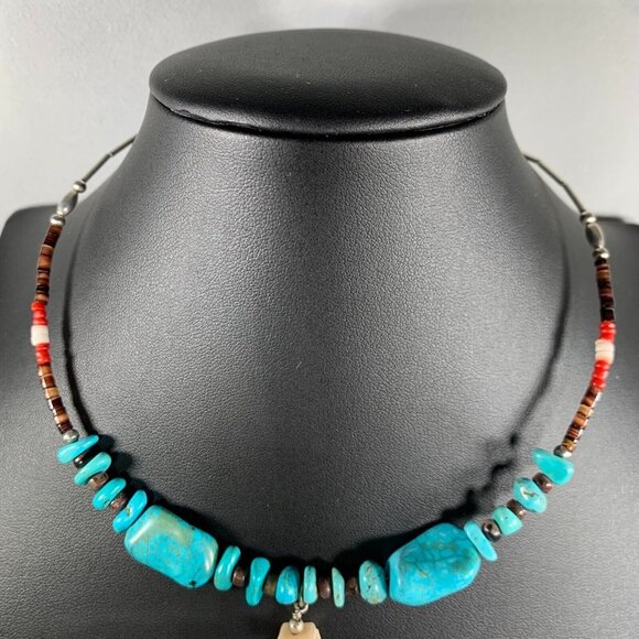 Turquoise Coral Beaded Memory Wire Liquid Silver Boho Artisan Choker Necklace - Picture 6 of 6